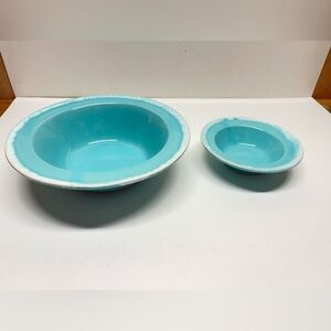 2-Vtg 9.5" Hull Crestone Turquoise Drip Glaze OvenProof Serving Bowls 1965-1967